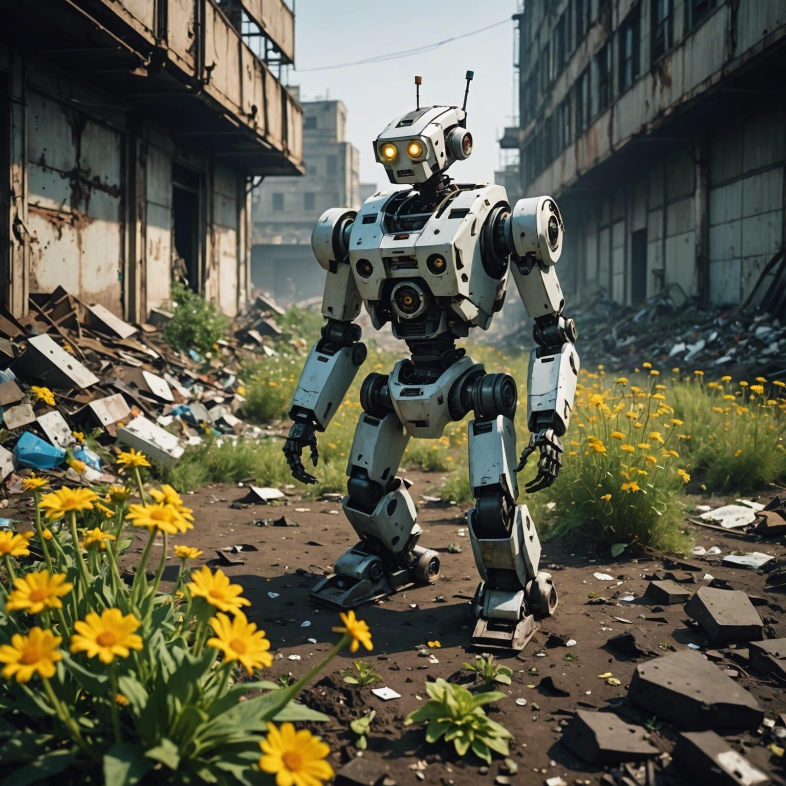 Robot Gazing at Flower in Toxic Wasteland