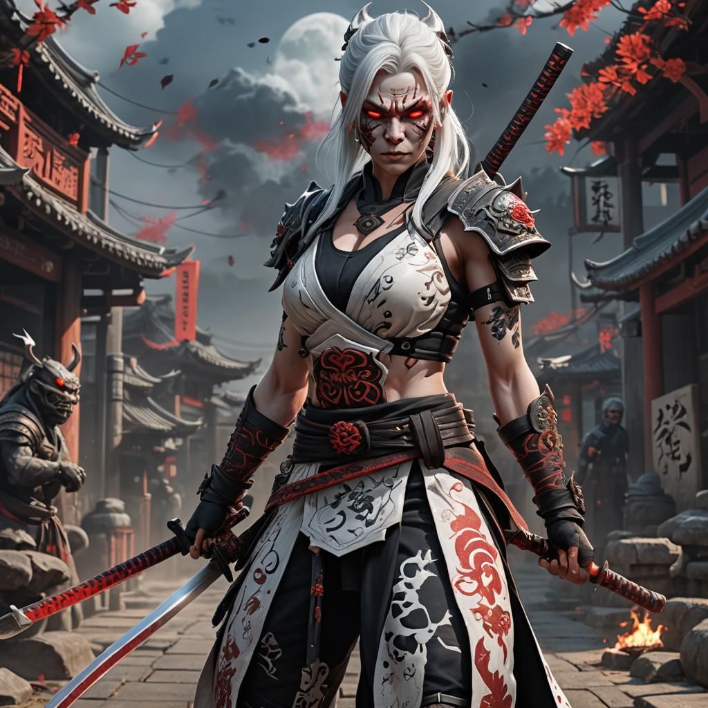 Pale Oni Ninja with Katana in Fantasy Art Style