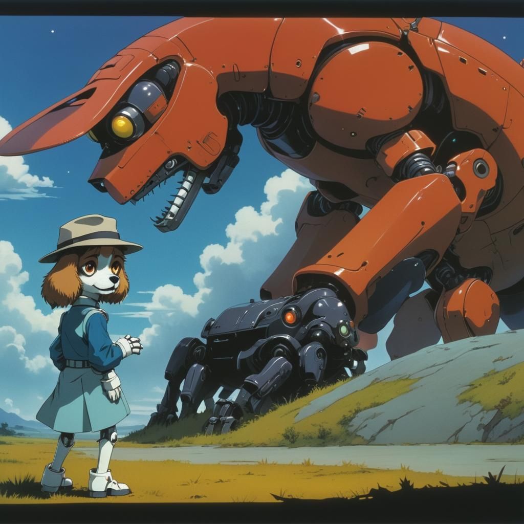 Surreal Sci-Fi Anime Scene with Robot Dog