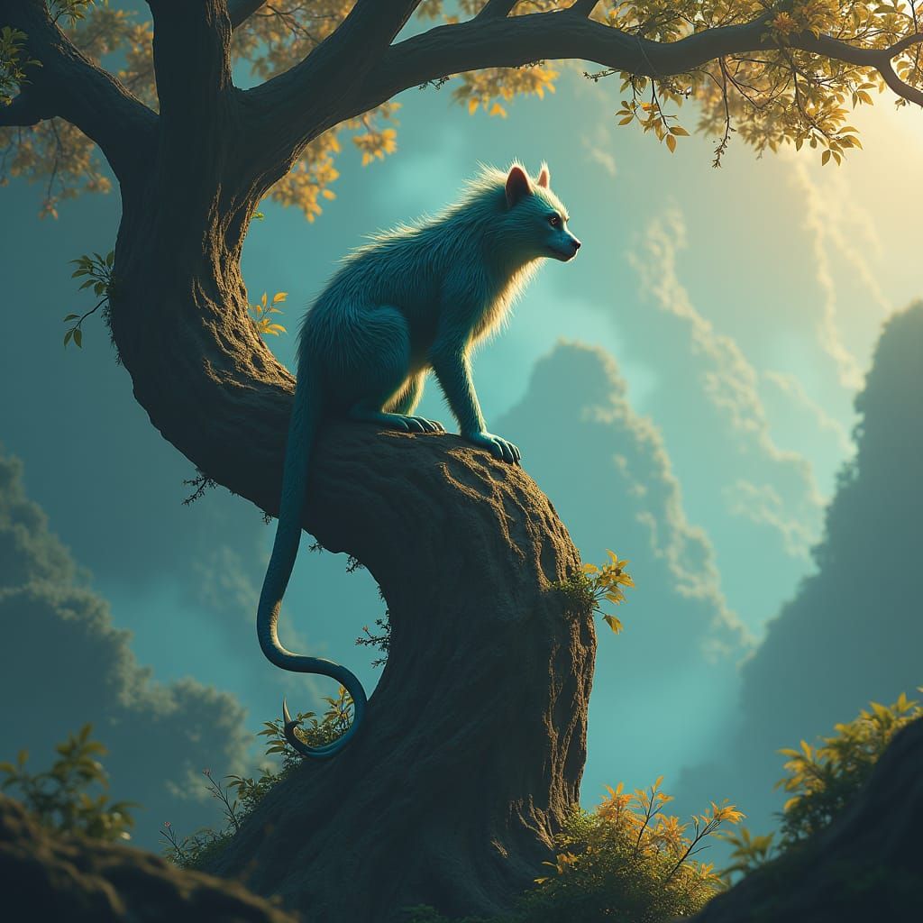 Mystical Serpent-Tailed Monkey-Dog in Fantasy Landscape