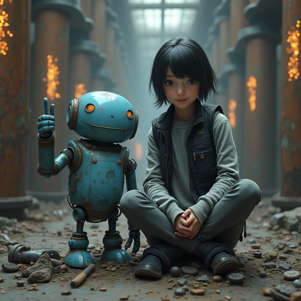 Girl with Robot in Industrial Cyberpunk Chamber