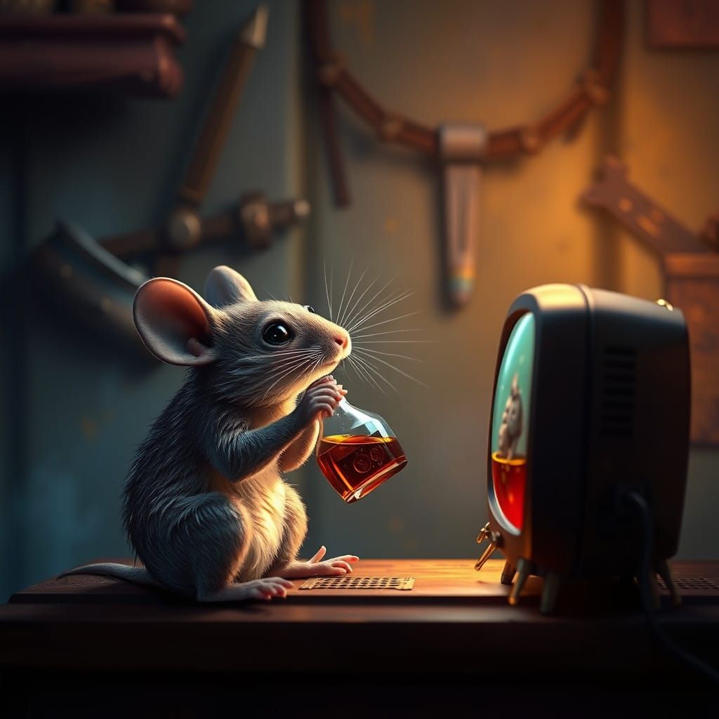 Whimsical Mouse Watches TV with Tiny Bourbon