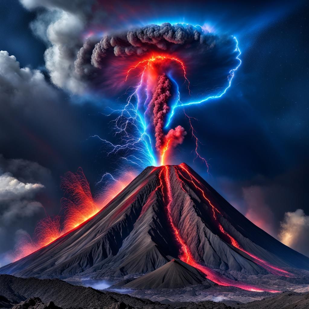 Rainbow Volcano Eruption with Galaxy and Lightning