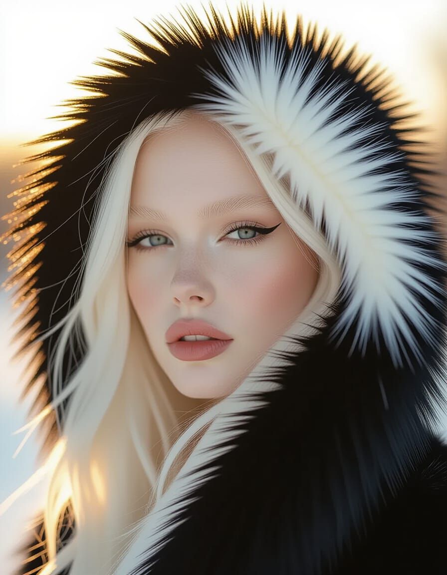 Photorealistic Albino Woman in Black Fur Coat