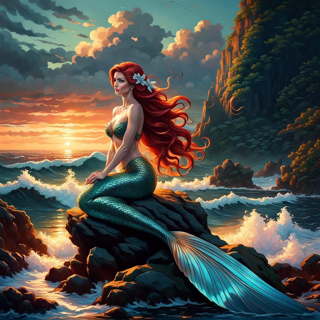Red-Haired Mermaid on Seashore, Dark Fantasy Concept Art