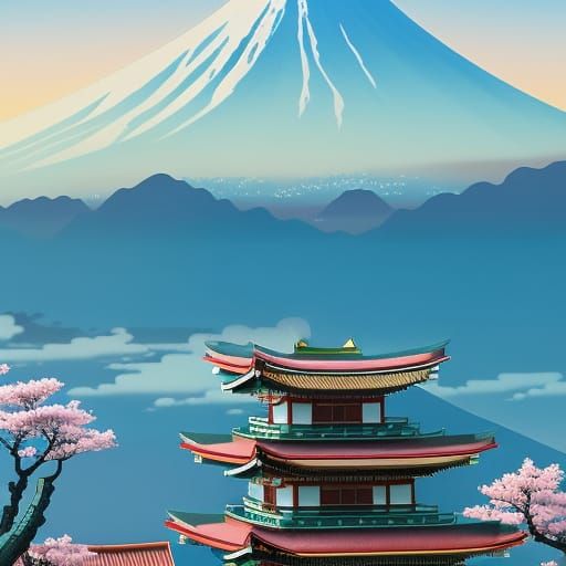 Japanese Temple with Mount Fuji in Anime Style