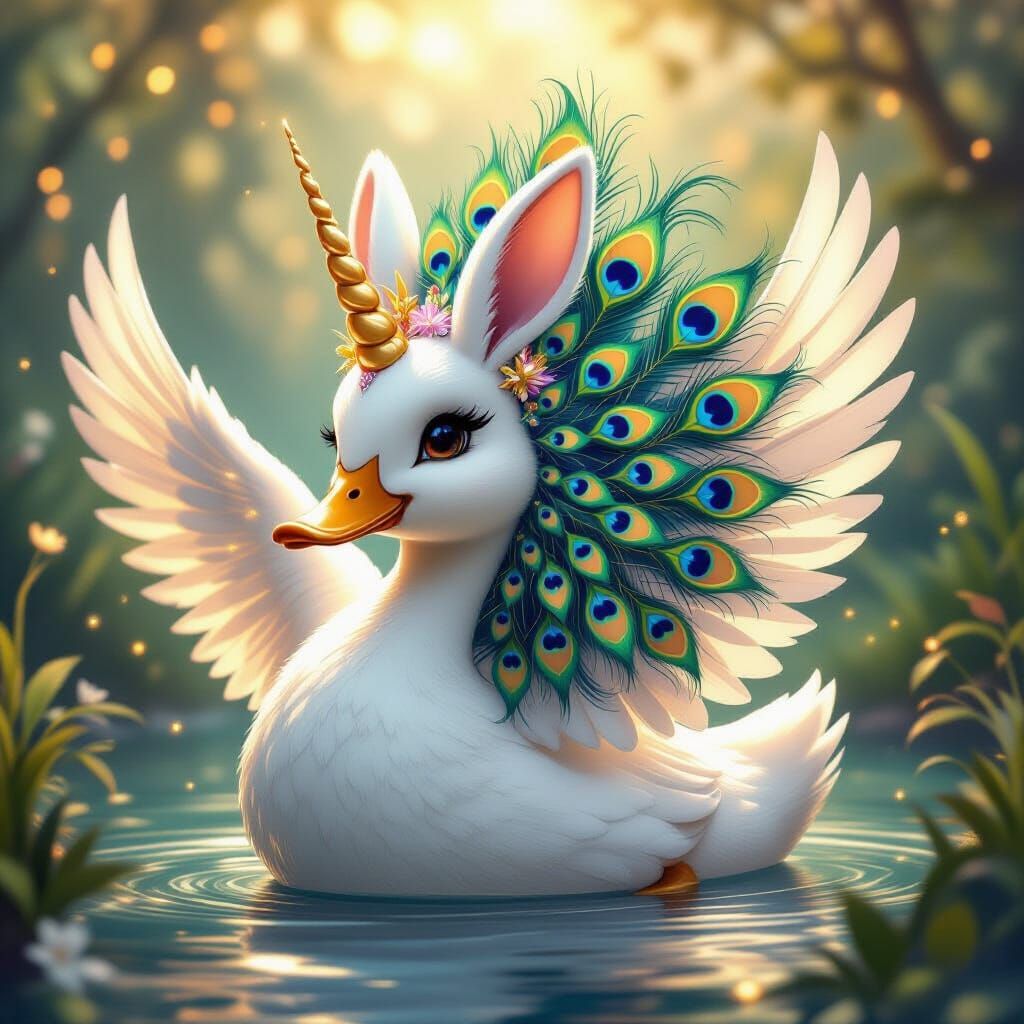 Whimsical Duck with Peacock Hair, Unicorn Wings & Bunny Ears