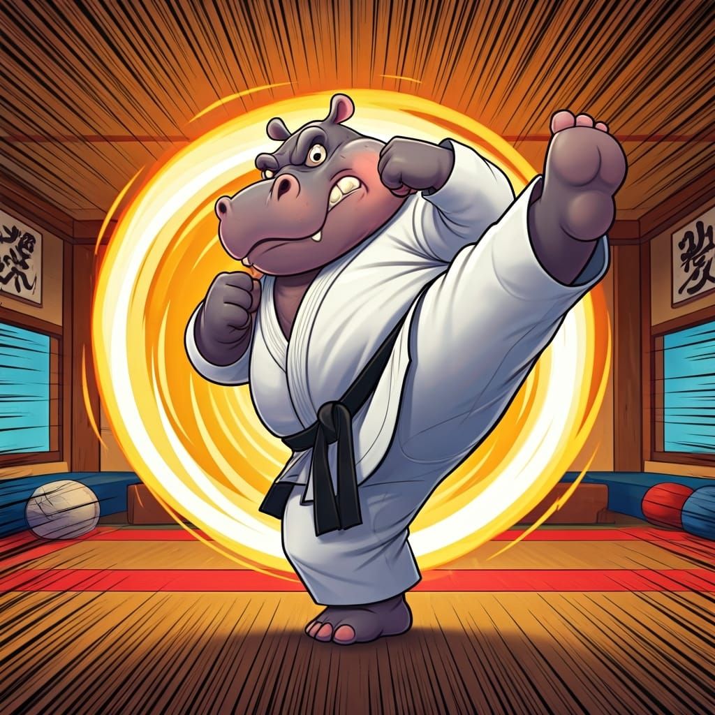Cartoon Hippo Karate Master in Dojo