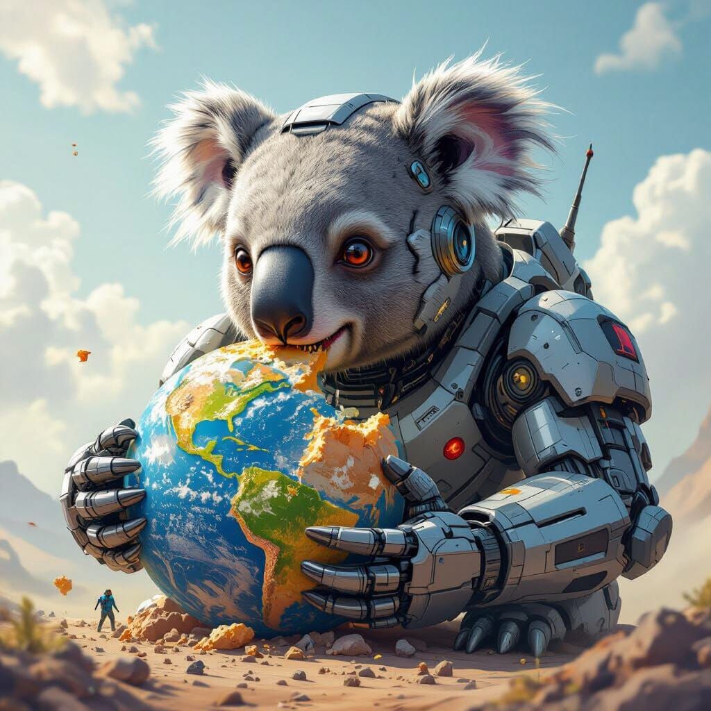 Giant Cyborg Space Koala Eats Planet