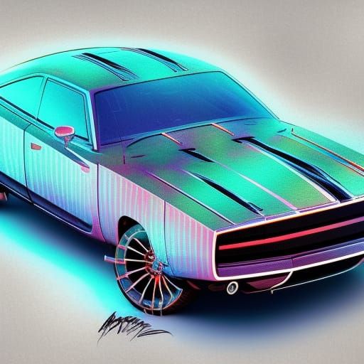 Techno Cosmic Dodge Charger in Cyberpunk Holographic Style