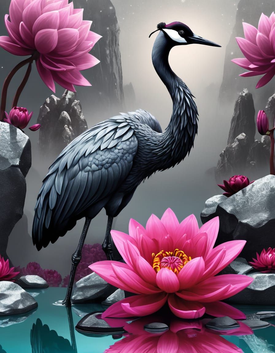 Surreal Black Crane with Flowers on Silver Rocks