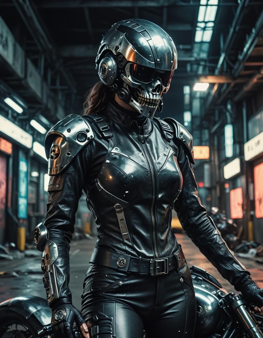 Cyberpunk Biker Woman in Futuristic Skull Helmet