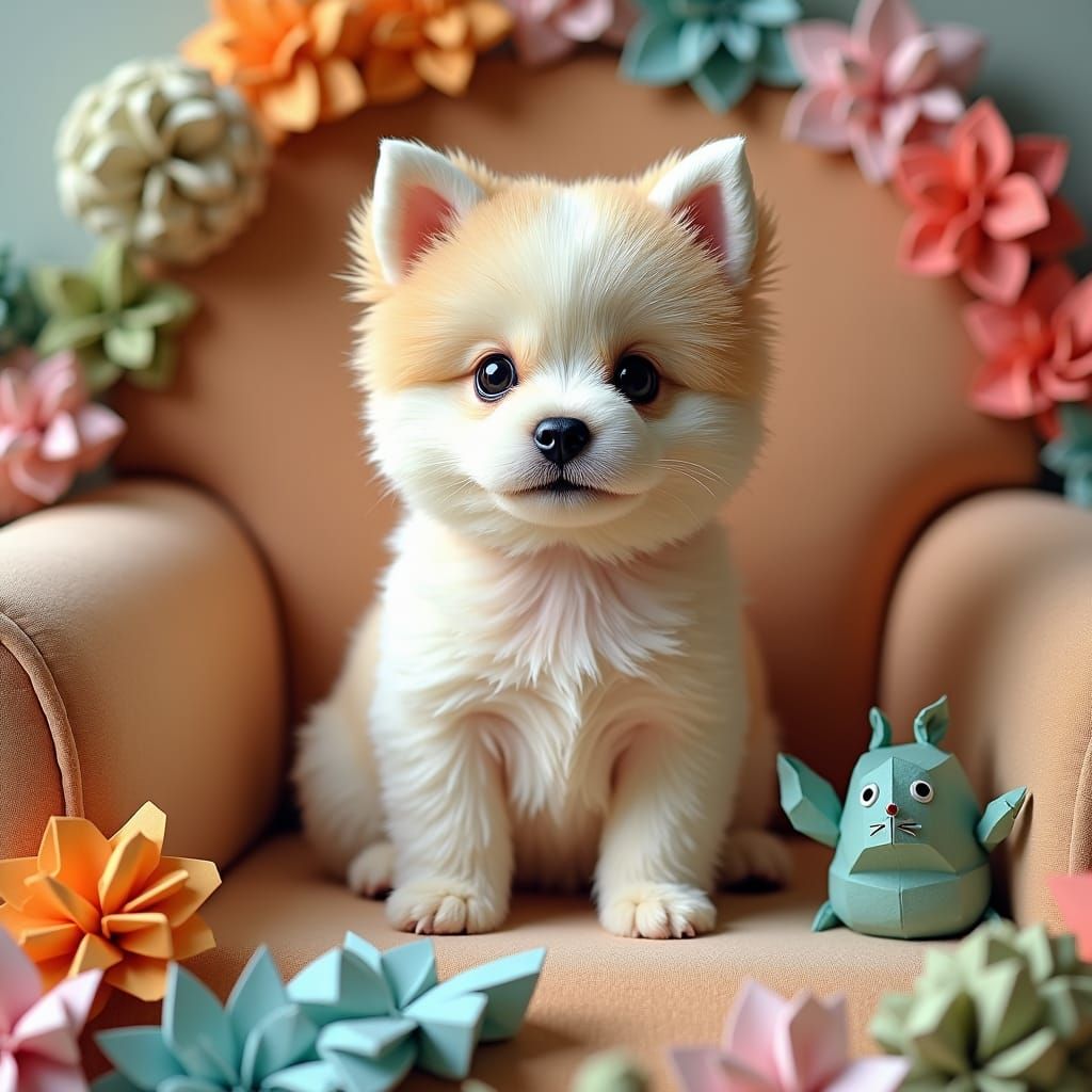 Dog with Origami in Papercraft Style