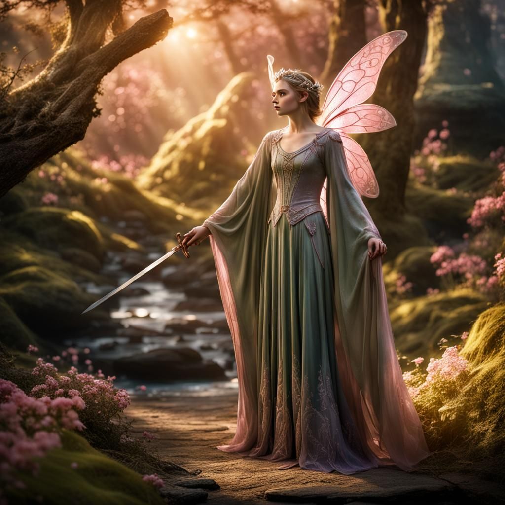 Pink Fairy in Elf Dress with Sword