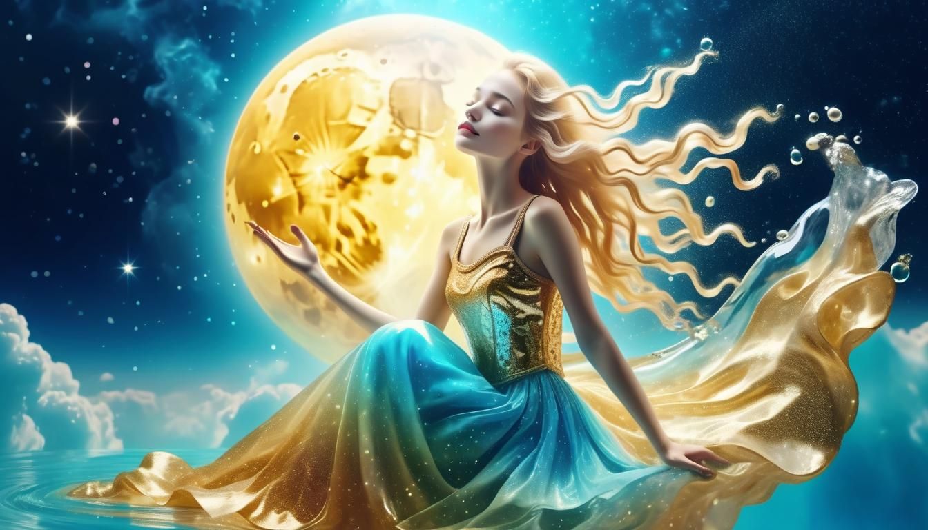 Aquarius Woman in Water Dress with Celestial Background