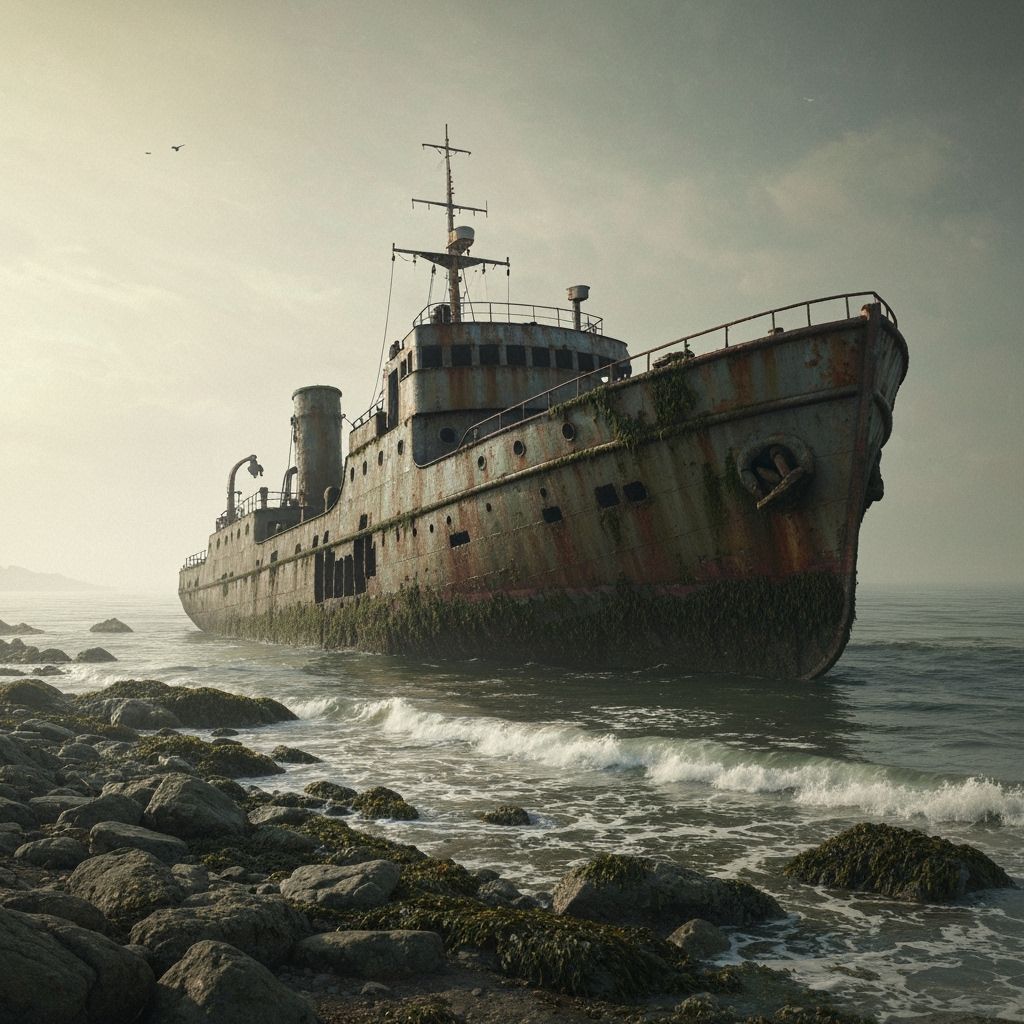 Dystopian Shipwreck on Rocky Shore in Muted Tones