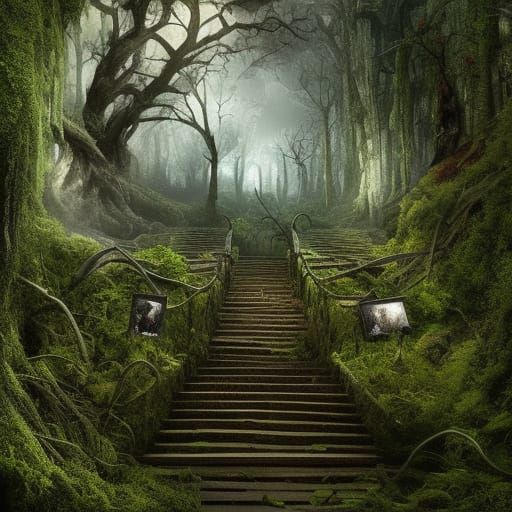 Dilapidated Stairs in Overgrown Cinematic Forest