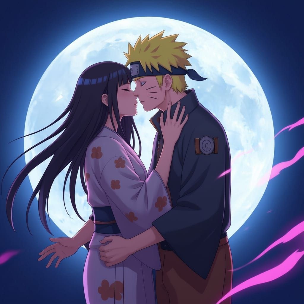 Naruto and Hinata Kissing Under a Full Moon