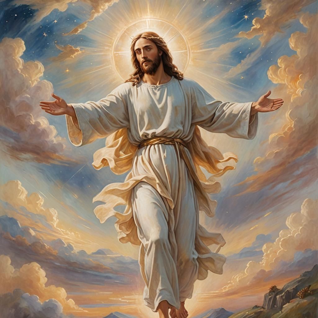 Jesus in Celestial Landscape: Pre-Raphaelite Style