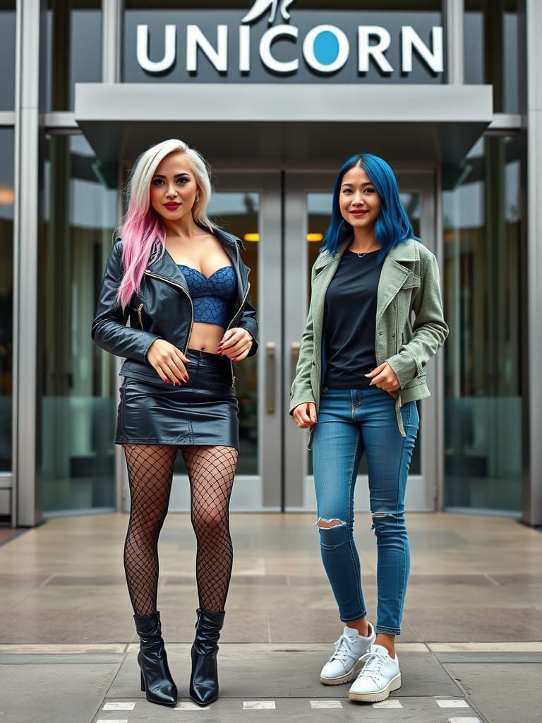 Women Outside Sleek Modern Building in Overcast Weather