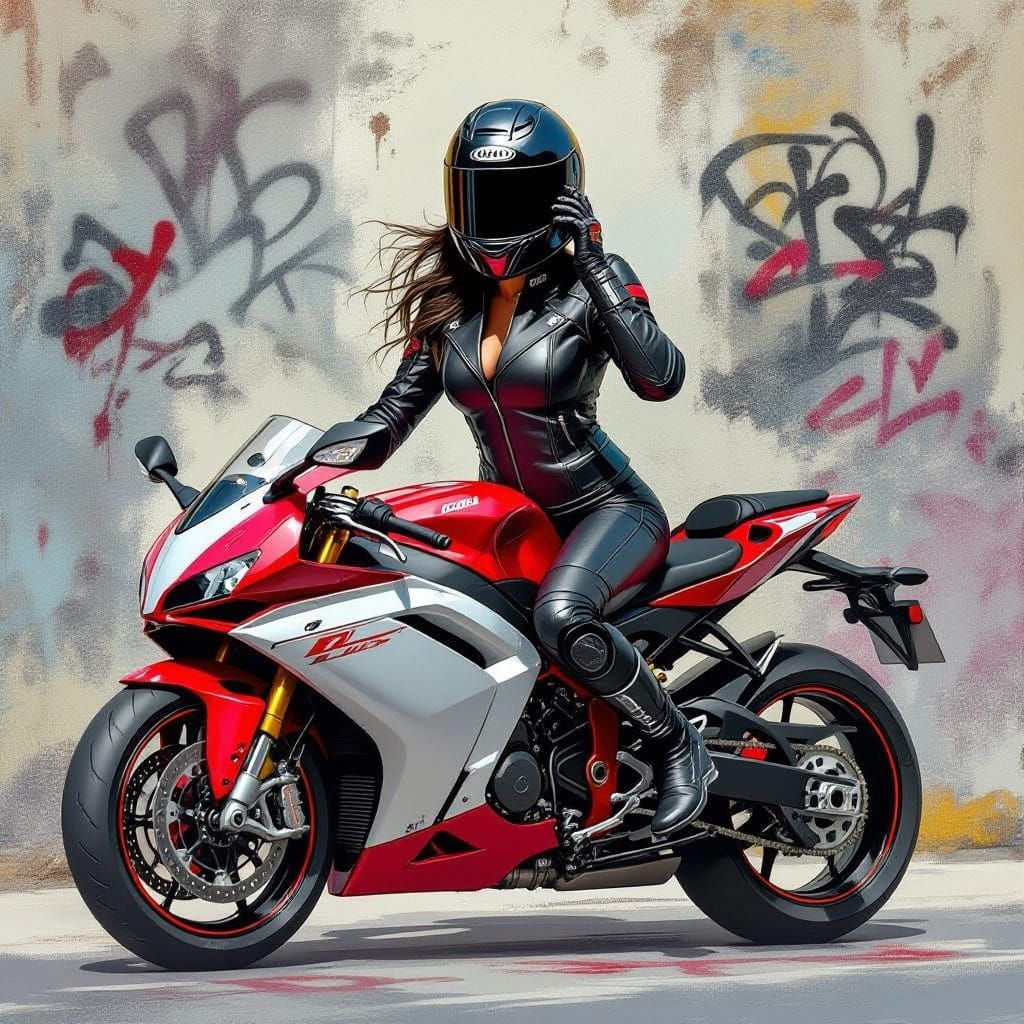 Brown Skinned Woman Stepping Off a Sport Bike in a Vibrant S...