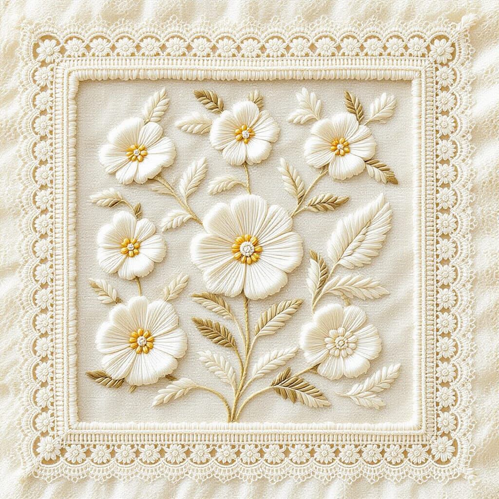 Intricate Cream Floral Embroidery in Ivory Needlework Frame