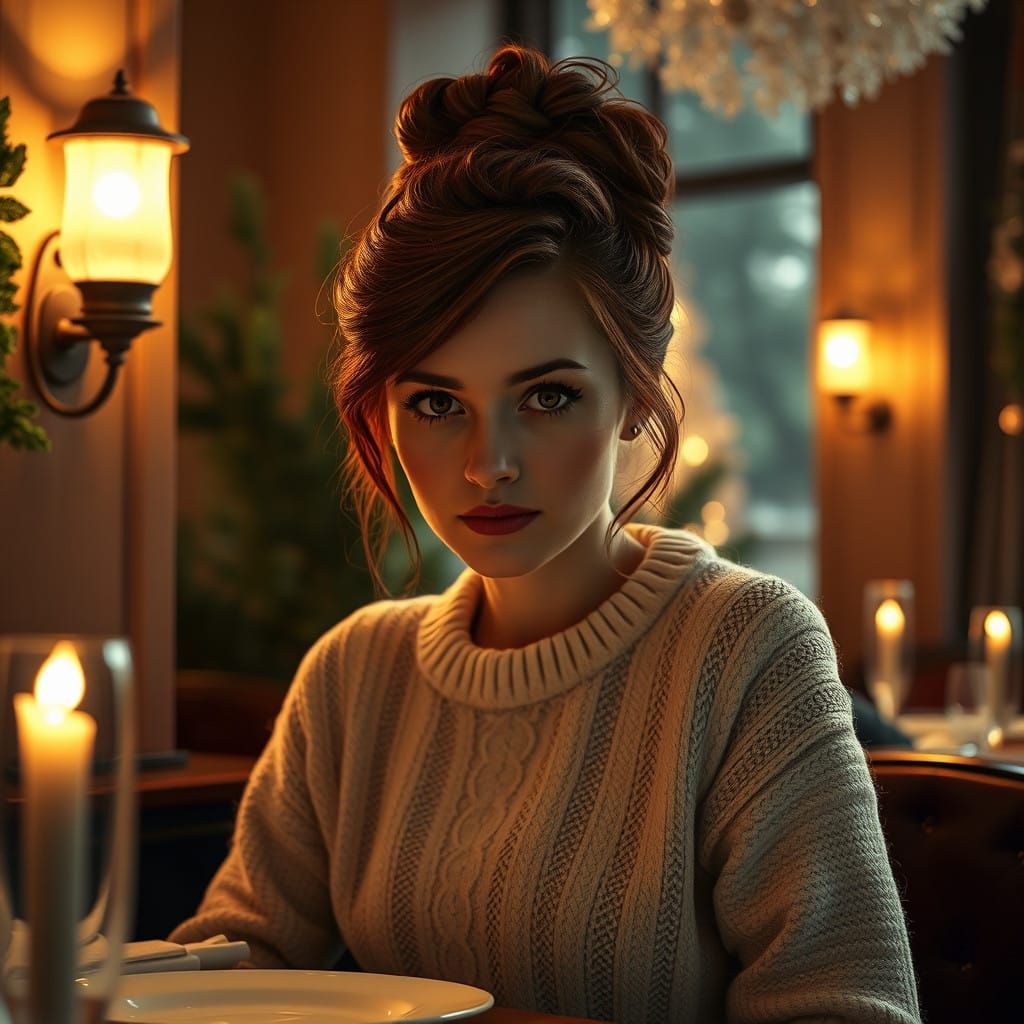 Elegant Christmas Woman in Luxurious Restaurant Ambiance