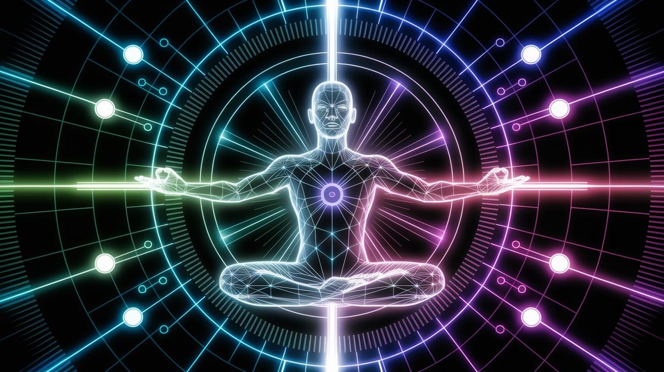 Meditative Figure in Futuristic Digital Mysticism