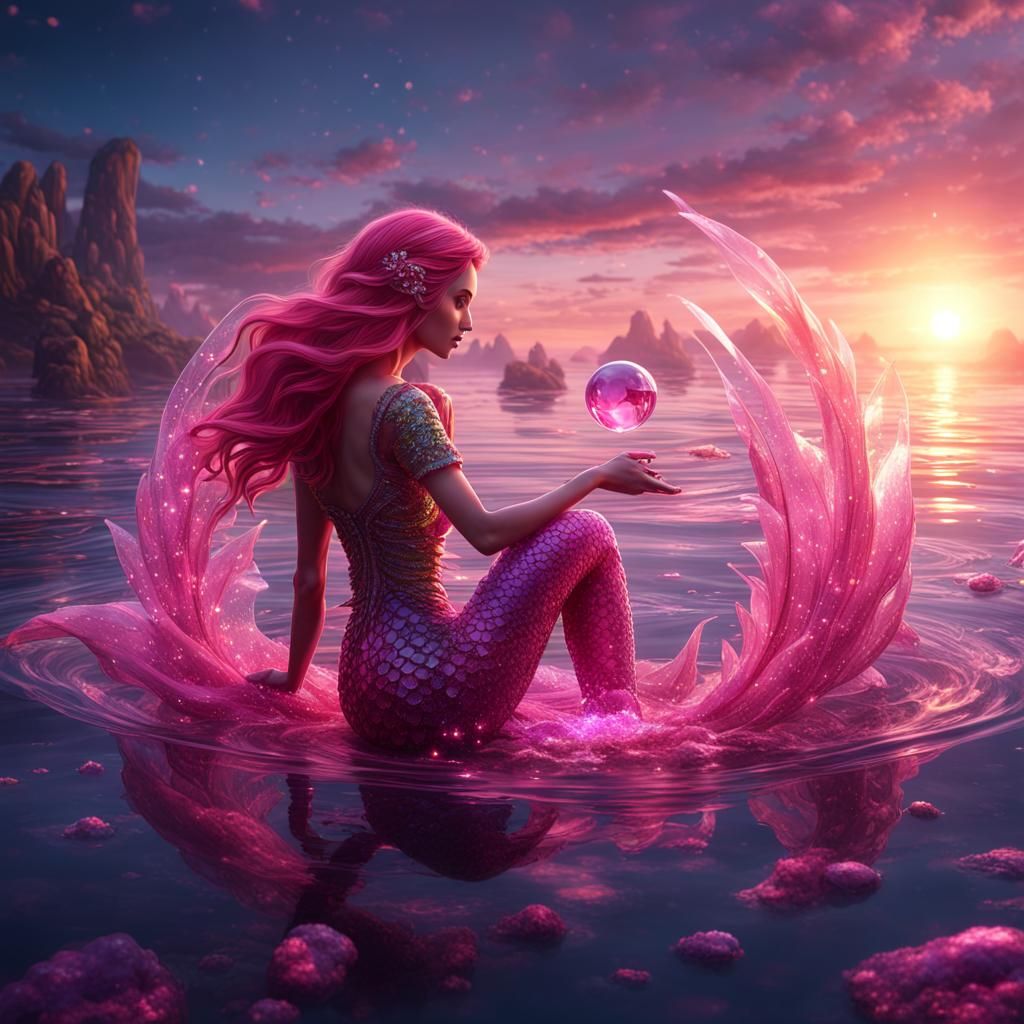 Sparkling Pink Mermaid in Sunset Waters