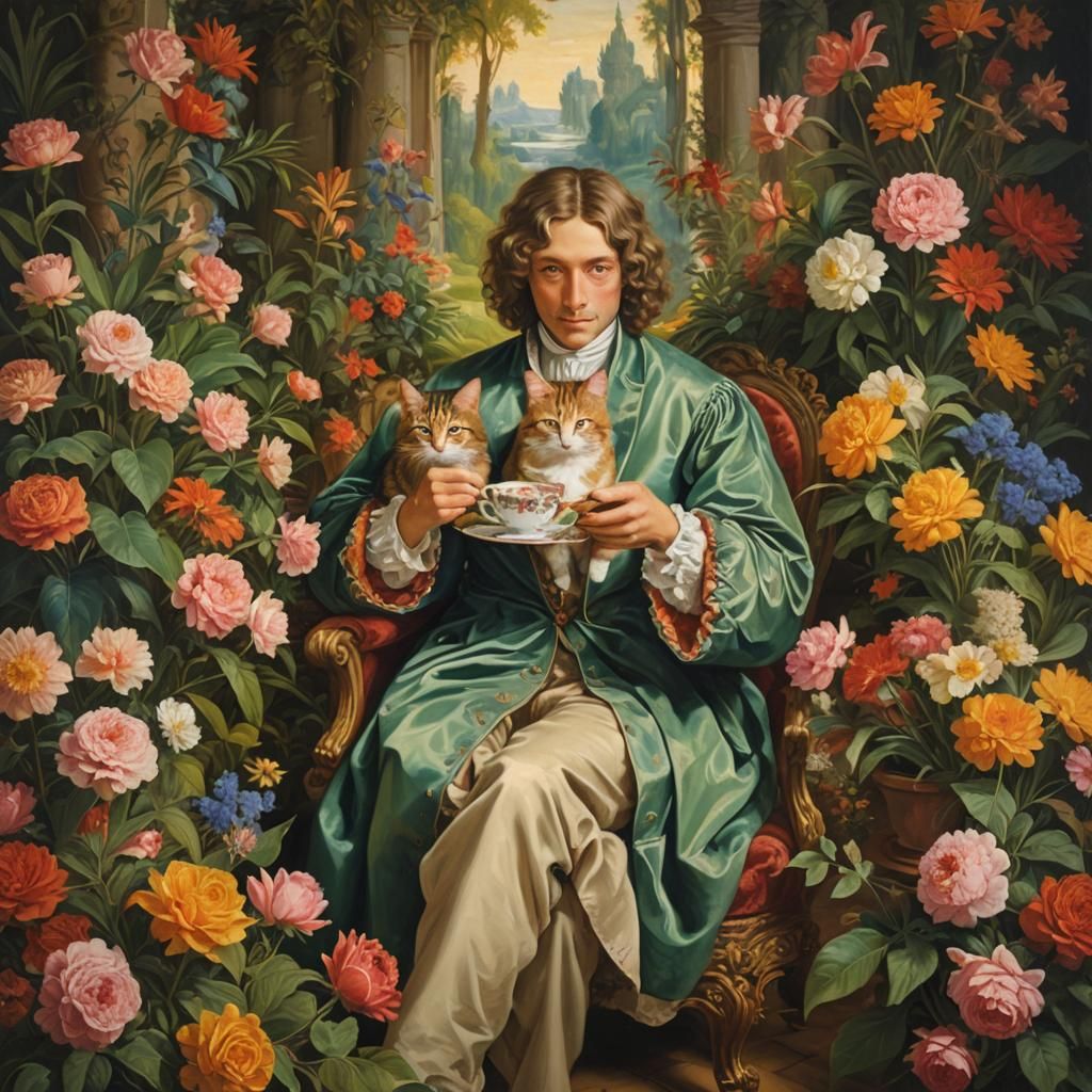 Person with Cat in Lush Garden, Oil Painting Style