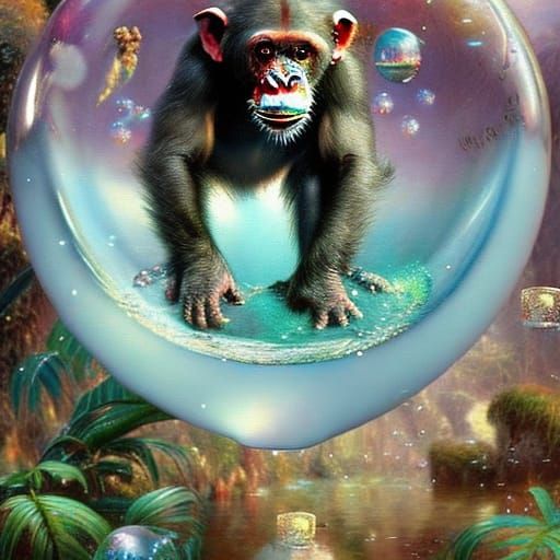 Chimpanzee's Bubble Bath: Ethereal Fantasy Scene