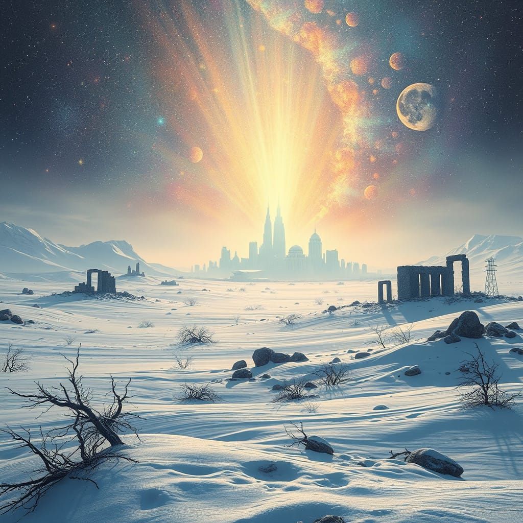 Cosmic Post-Apocalyptic Winter Ruins in Vibrant, Starlit Hue...