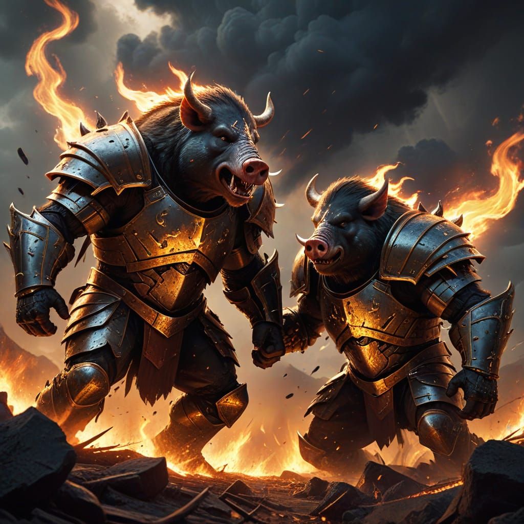 War Pigs Fighting in a Fiery Landscape