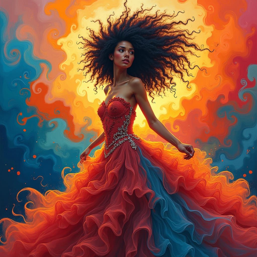 Elegant Woman in Ornate Gown, Rothko-Inspired Background