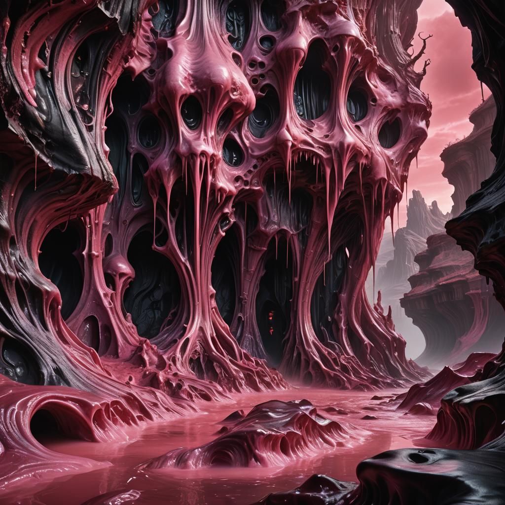 Eldritch Landscape with Crimson Cave, HR Giger Style