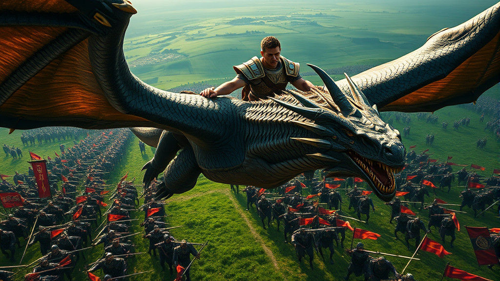 Epic Dragon Rider Overlooking Emerald Battlefield in 8K