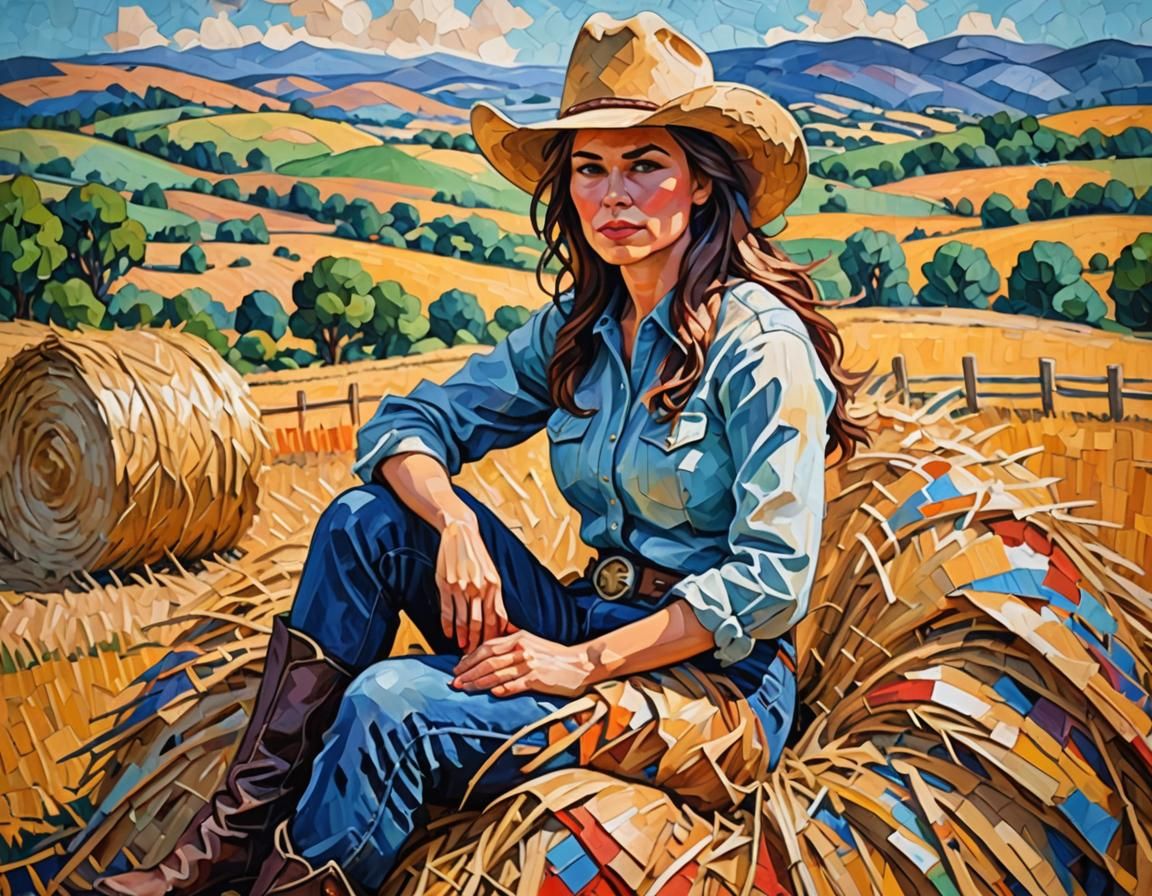 Cowgirl on Haystack in Expressionist Oil Painting