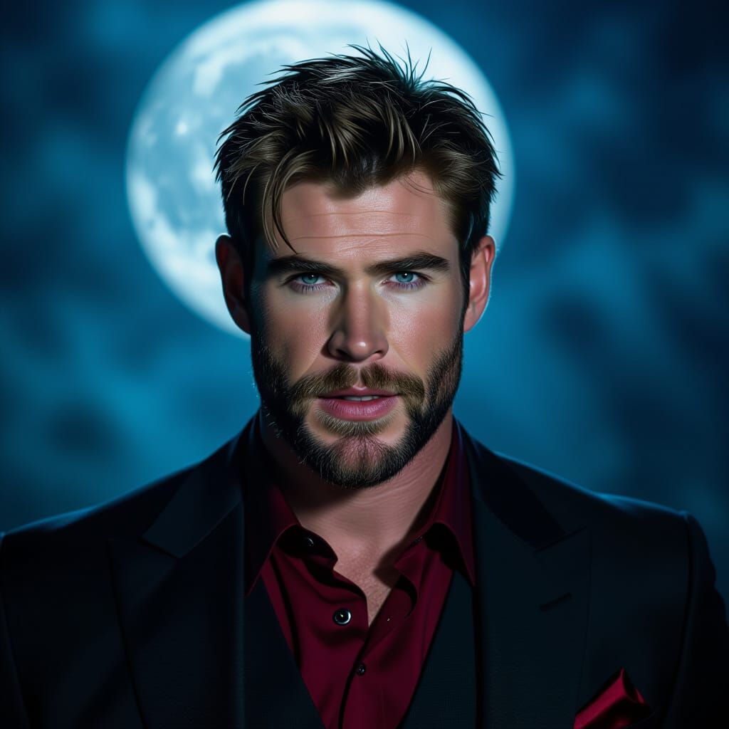 Vampire in Crimson Shirt Under Moonlight