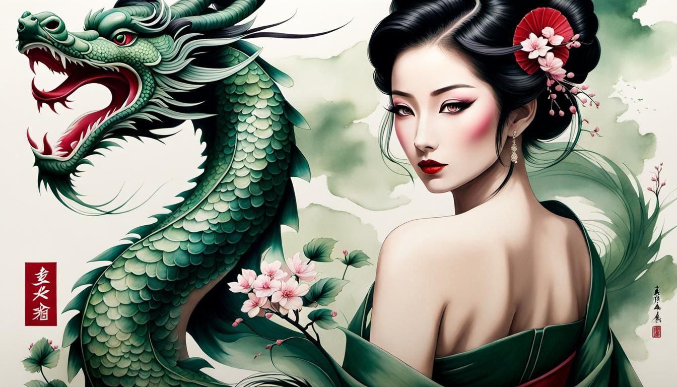 Geisha with Green Dragon