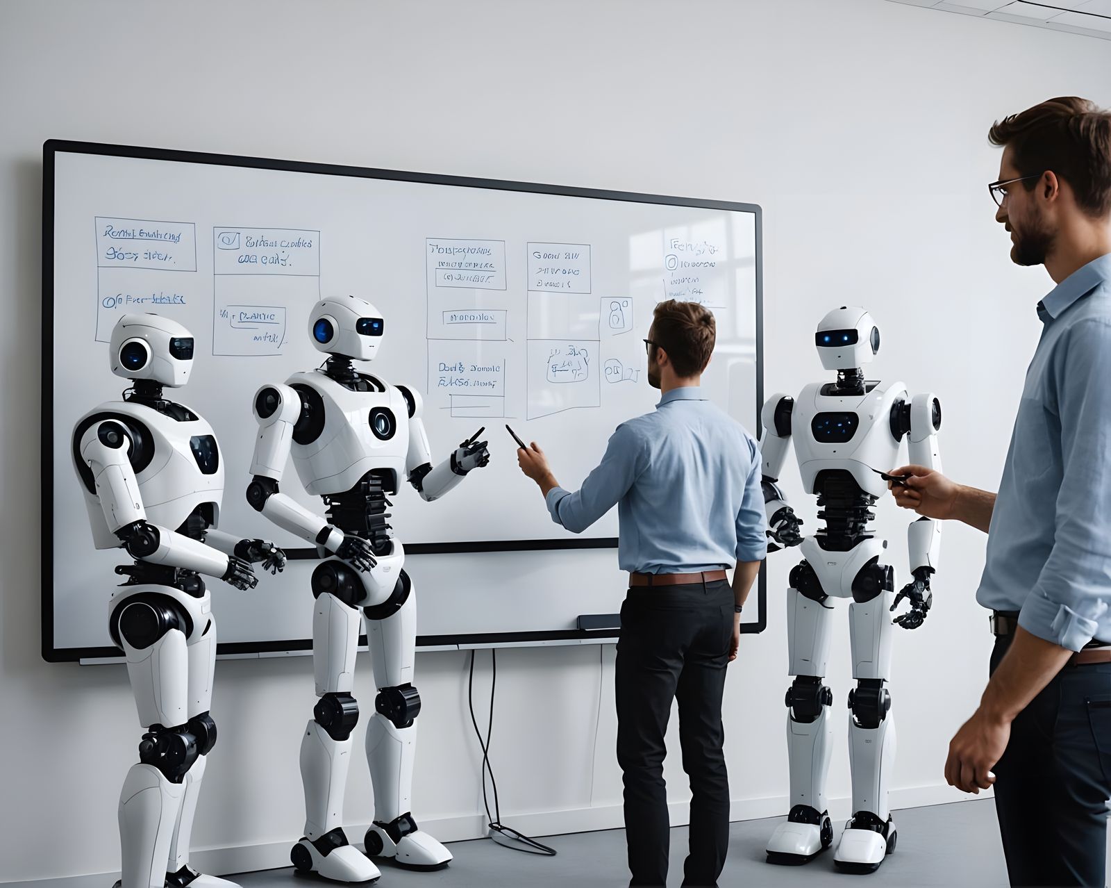 Robots Brainstorming Ideas on Digital Whiteboard