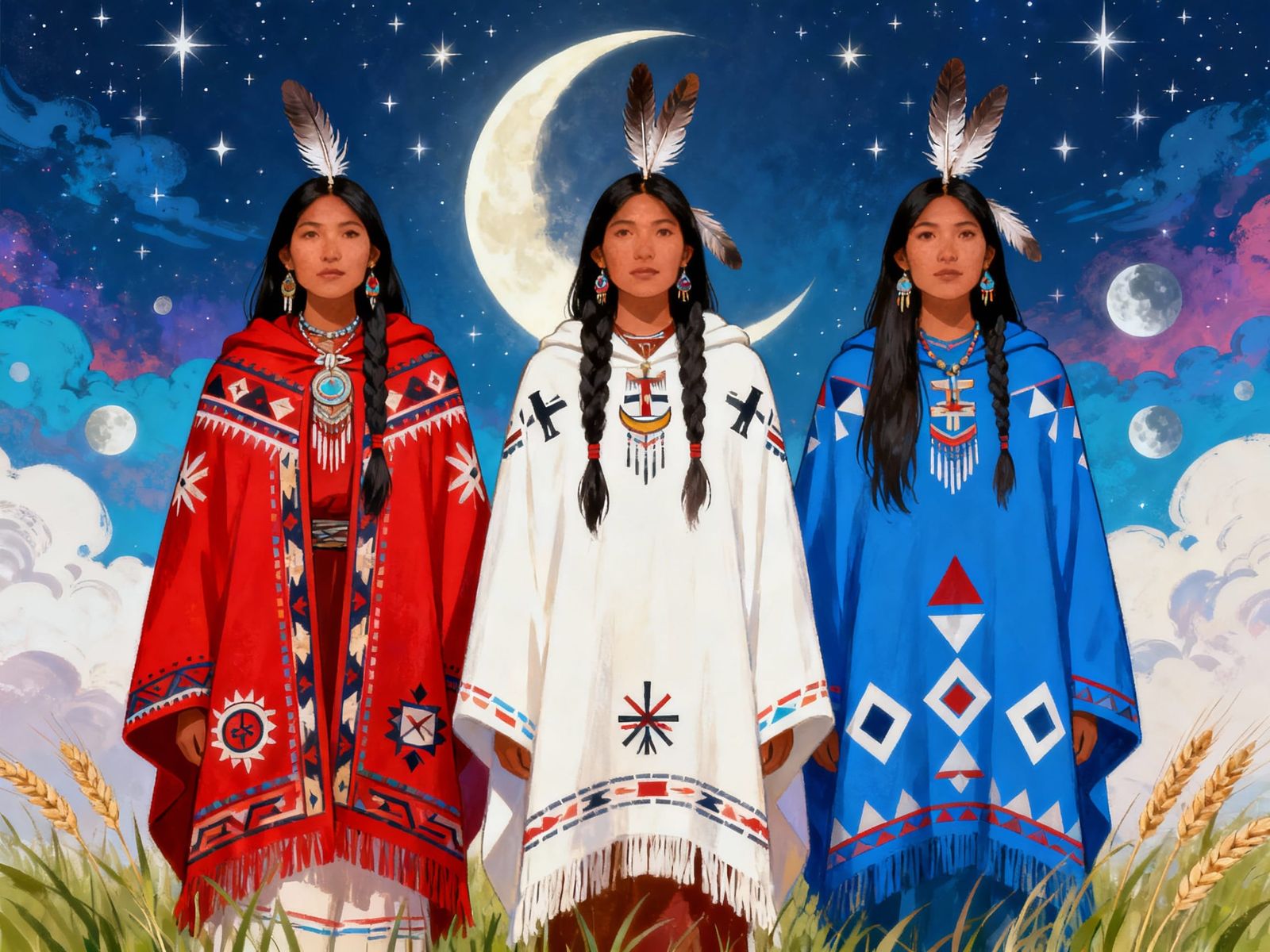 Indigenous Women in Traditional Garments Under Starry Night ...