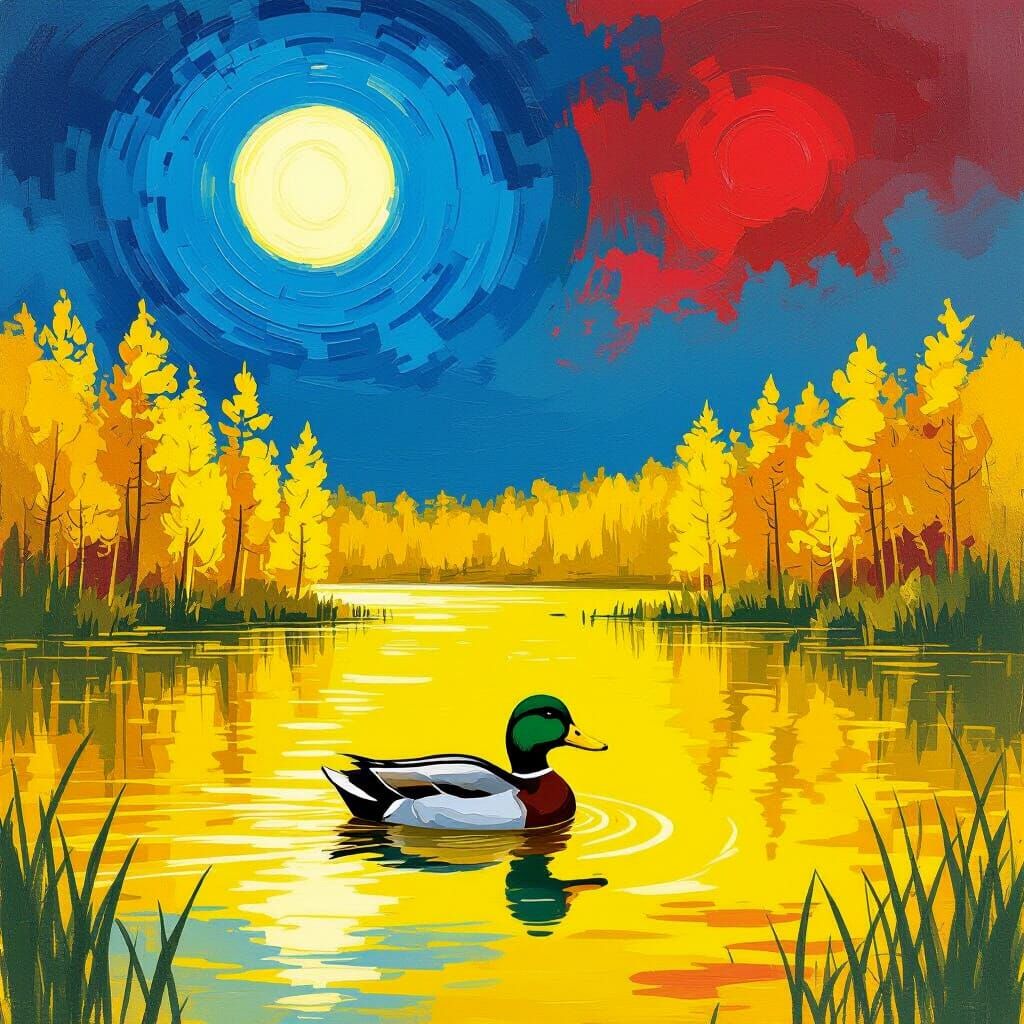 Green Duck in Yellow Forest: Gouache Impressionism