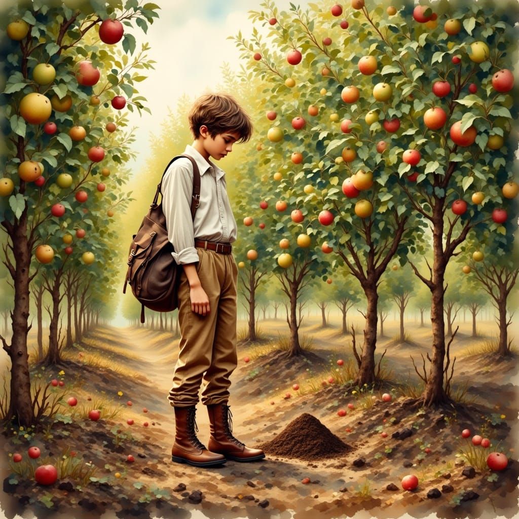 Whimsical Young Man Plants Apple Seeds in Lush Orchard