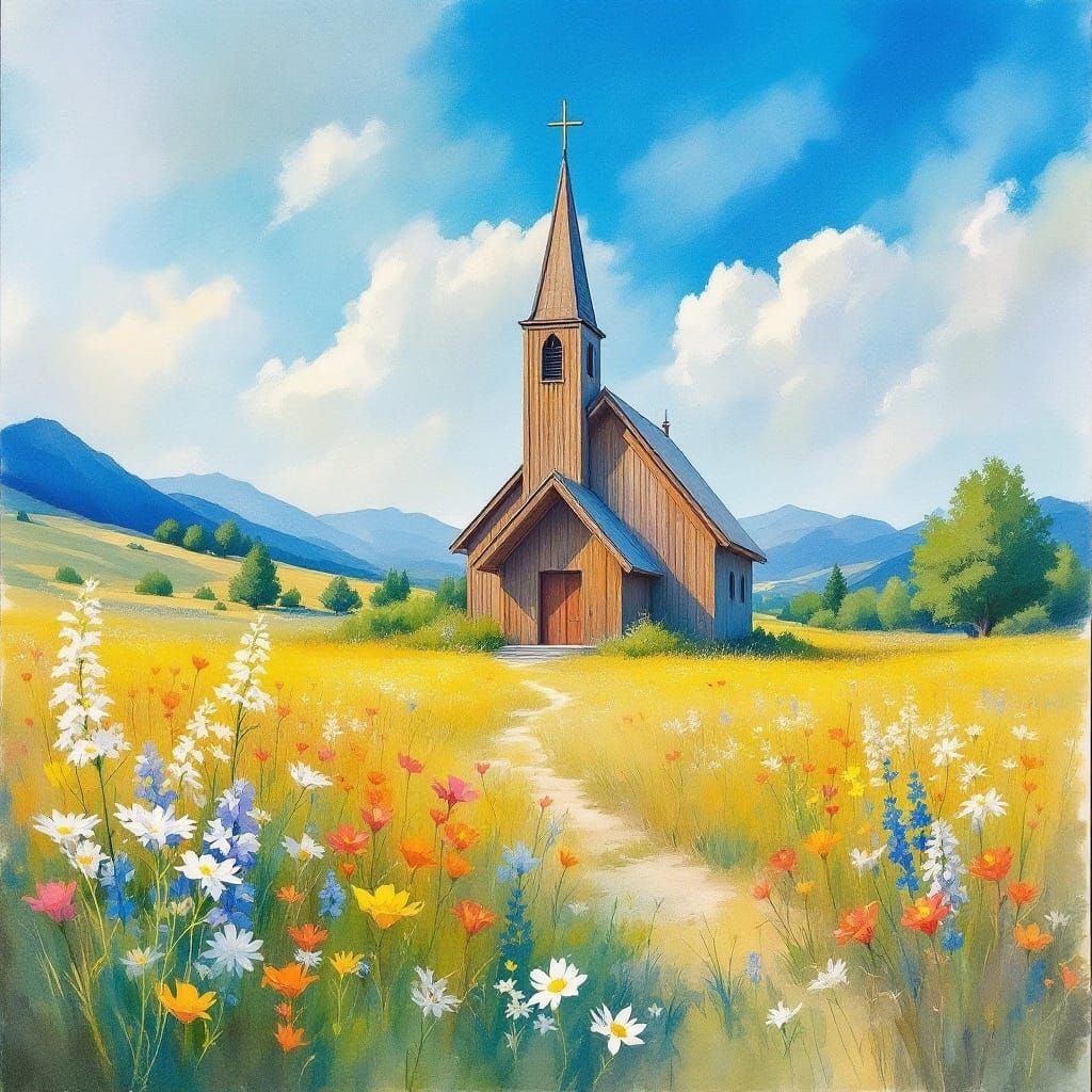 Impressionistic Norwegian Countryside Church Scene