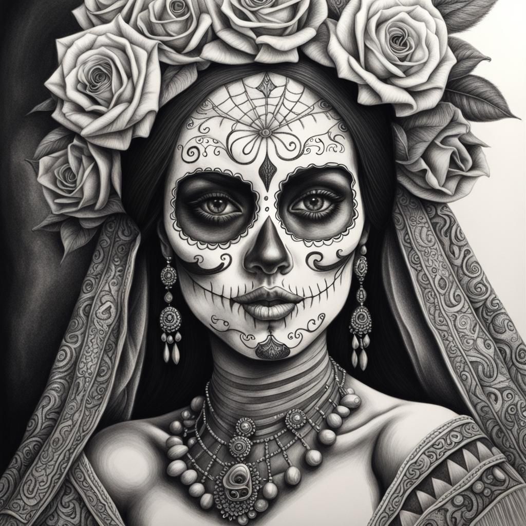 Detailed Charcoal Drawing of a Mexican Catrina
