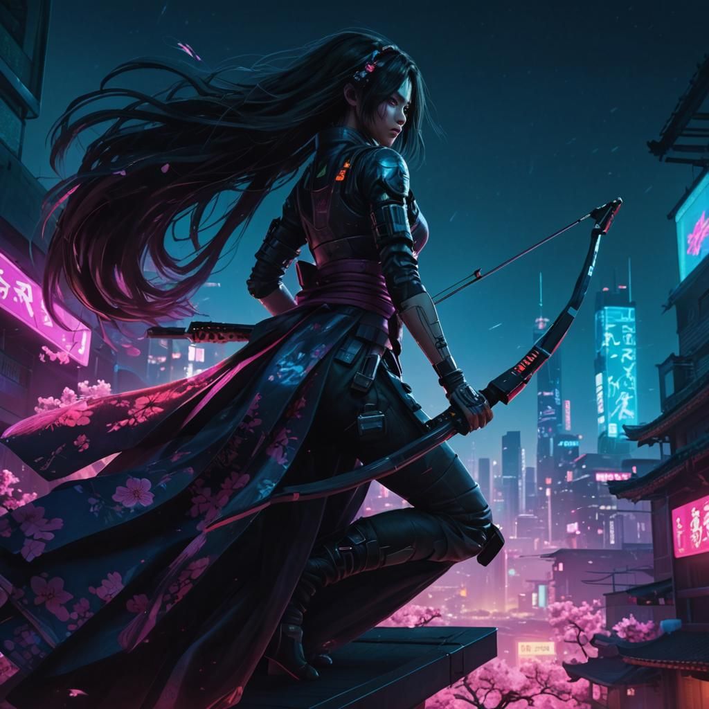 Cyberpunk Street Samurai with Compound Bow in Neon City