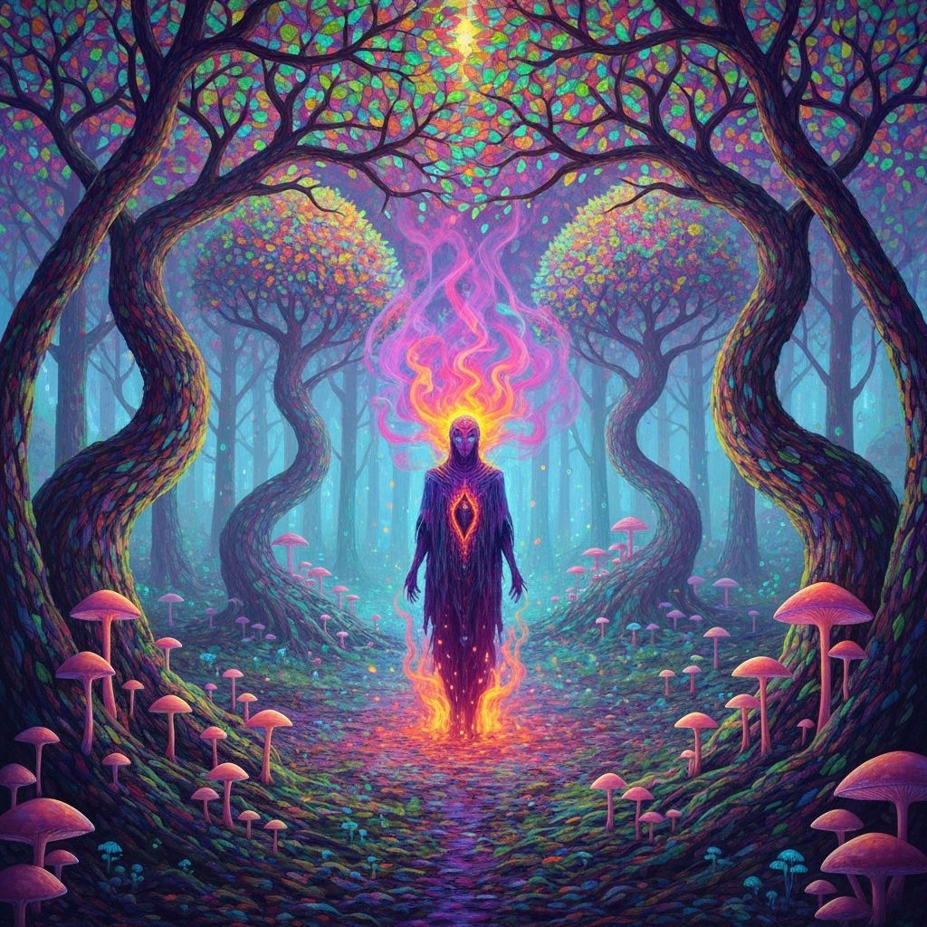 Mystical Figure in Psychedelic Forest with Geometric Trees