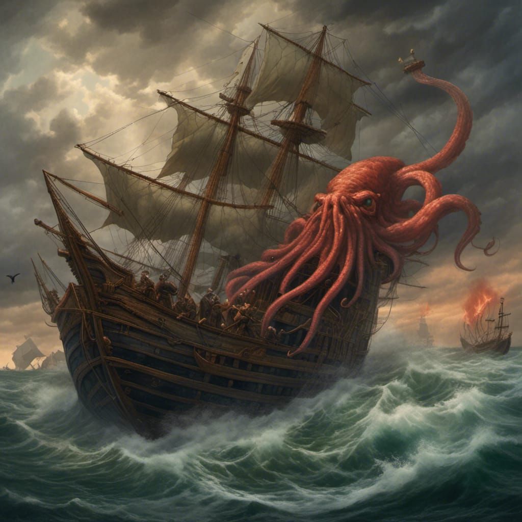 Kraken Attacks Pirate Ship on Stormy Seas