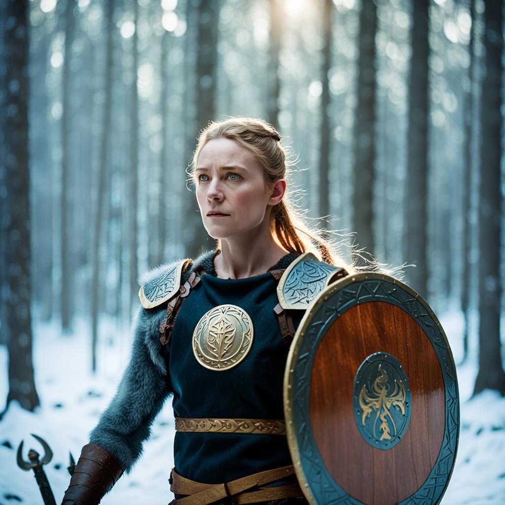 Viking Shieldmaiden in Snowy Forest: Cinematic Film Still