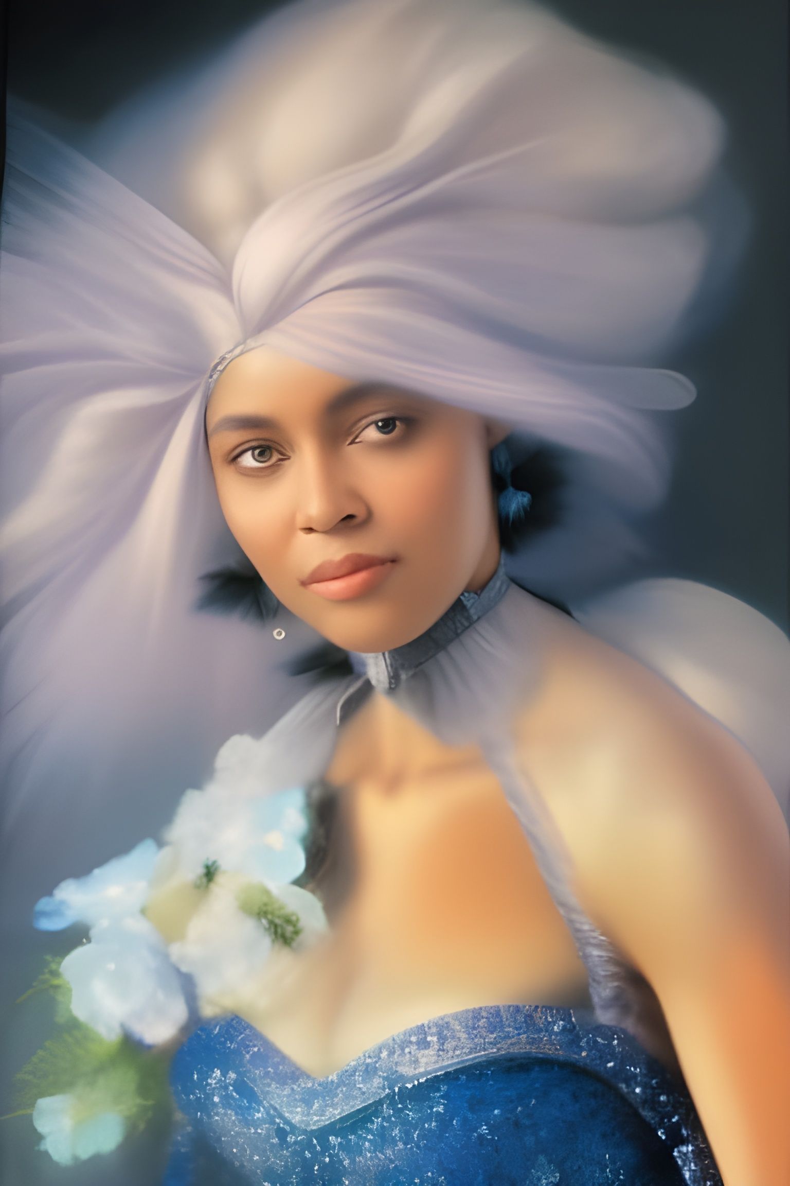 Grey-Haired Woman in Blue Gown: Photorealistic Portrait